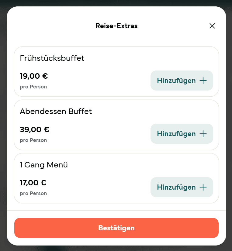 Die Reise-Extras mit Frühstücksbuffet, Abendessen Buffet und Menü, jeweils pro Person