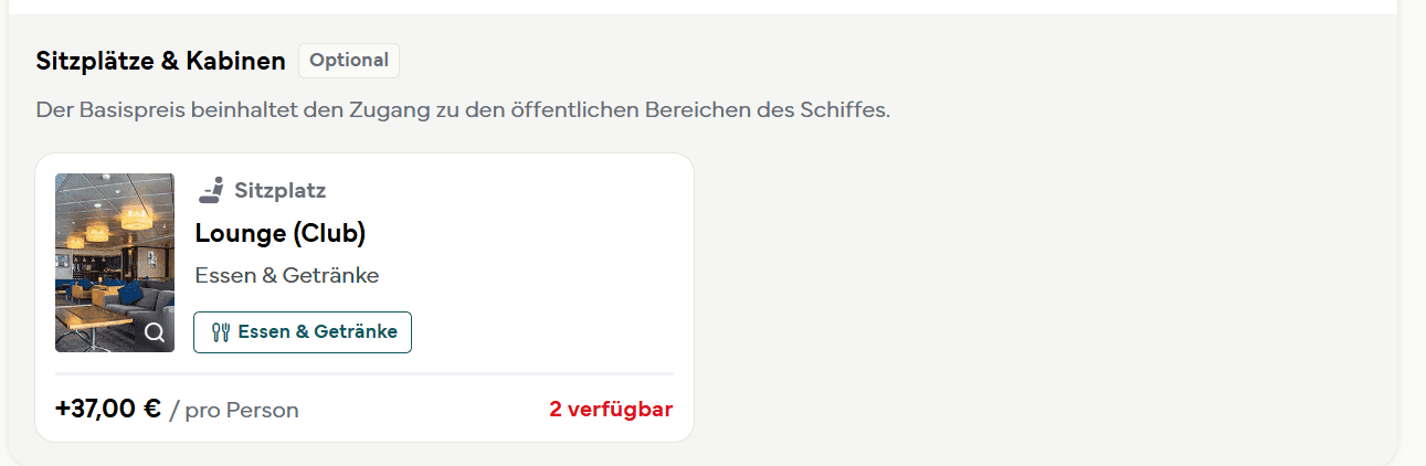 Die Lounge Club als optionaler Sitzplatz mit Essen und Getränken und Aufpreis pro Person