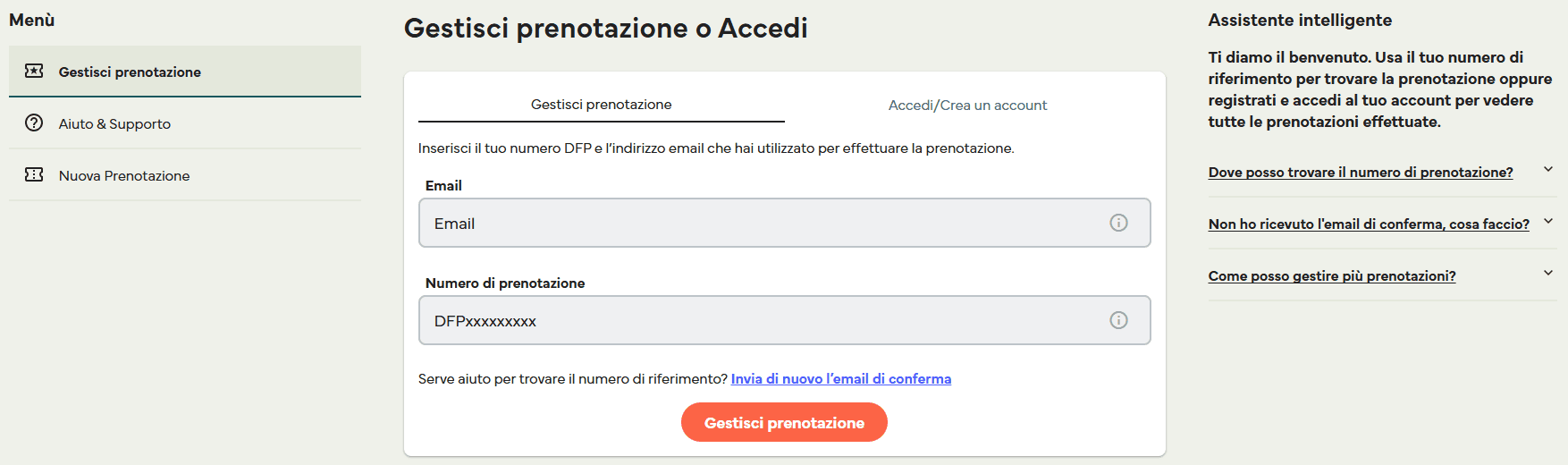 la pagina Gestisci prenotazione o accedi, con i campi per e-mail e codice di prenotazione