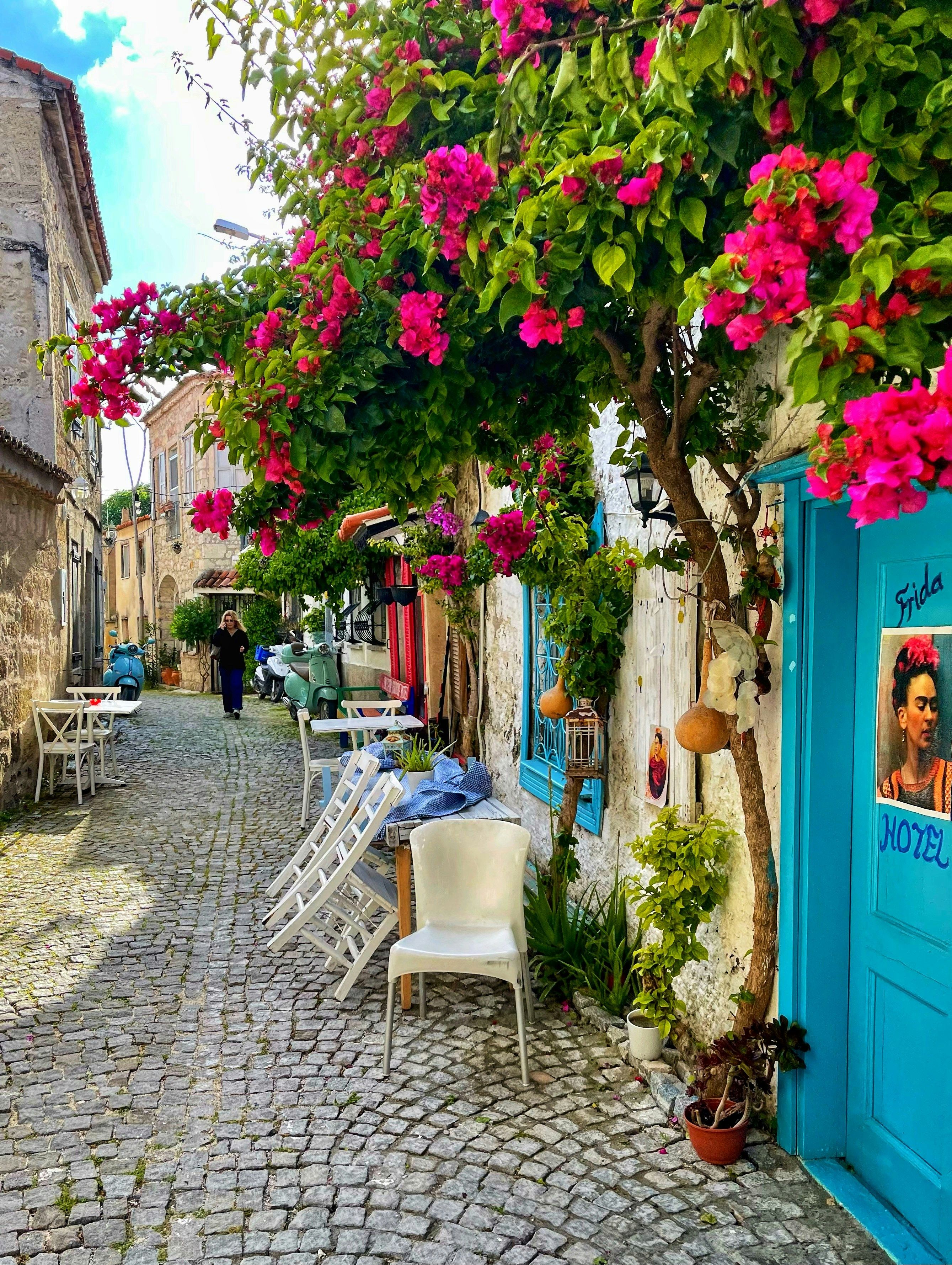 narrow cobblestone street with tables and pink flowers