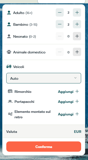 la selezione del tipo di veicolo nel cercaprezzi, con nessun veicolo, auto, motocicletta, camper, furgone, minibus e bicicletta