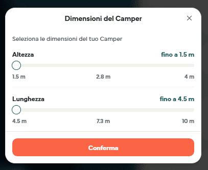 la finestra Dimensioni del Camper, con i cursori per selezionare altezza e lunghezza del mezzo