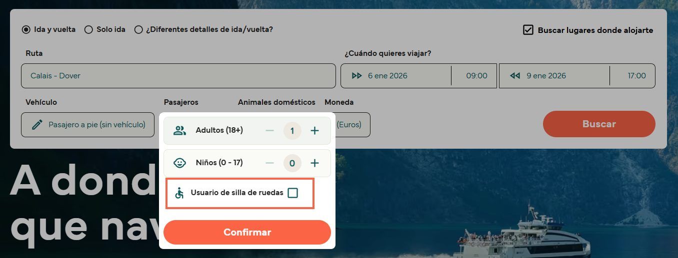 Pantalla de selección de pasajeros en la reserva de ferry con la opción “Usuario de silla de ruedas” disponible.