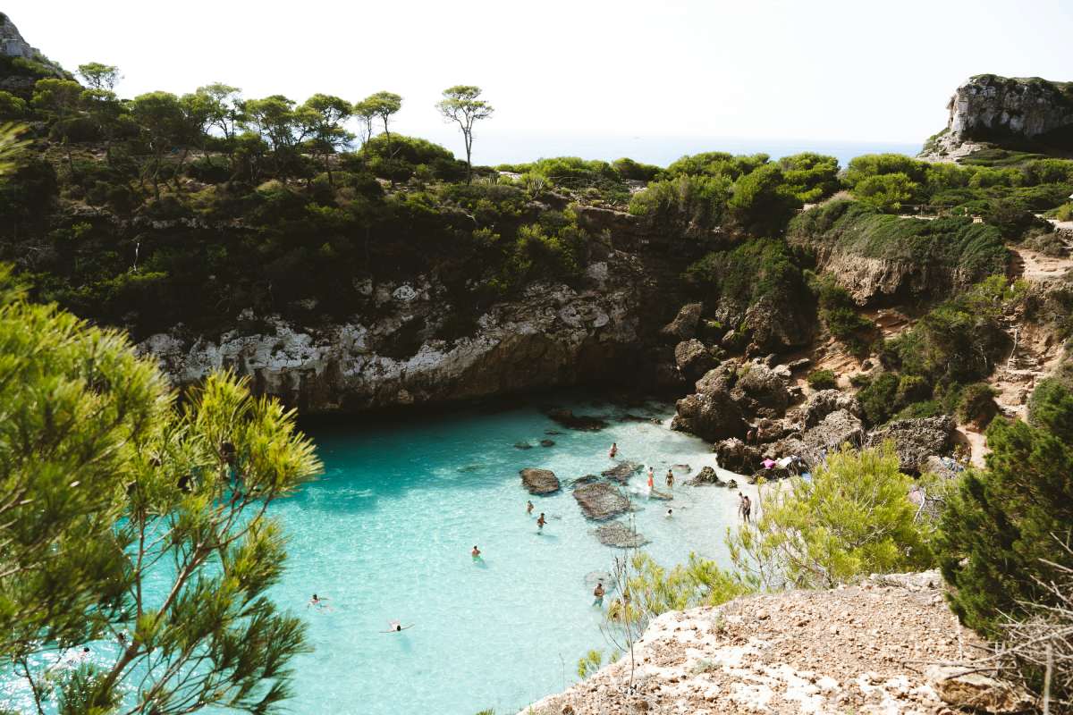 Cala de aguas turquesa en Mallorca rodeada de acantilados y pinos mediterráneos