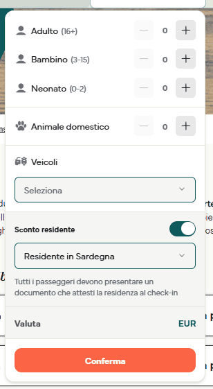 il riquadro dei passeggeri con il selettore Sconto residente attivo e l'opzione Residente in Sardegna