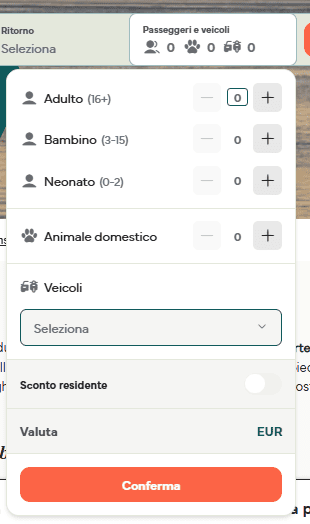 il riquadro dei passeggeri con Adulto, Bambino, Neonato, animale domestico, veicoli e valuta