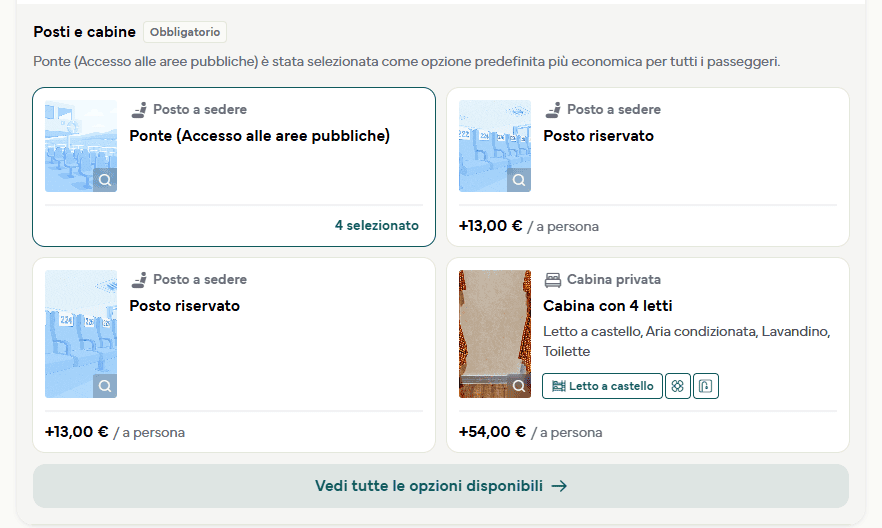 la scelta obbligatoria di posti e cabine sulla traversata Ancona-Patrasso, con il ponte preselezionato