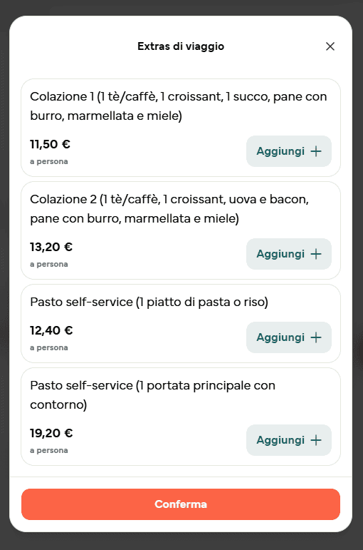 la finestra degli extra di viaggio con le colazioni e i pasti self-service