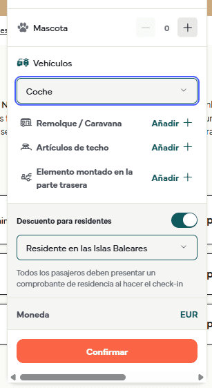 El campo de pasajeros y vehículos con el descuento para residentes activado y la opción Residente en las Islas Baleares