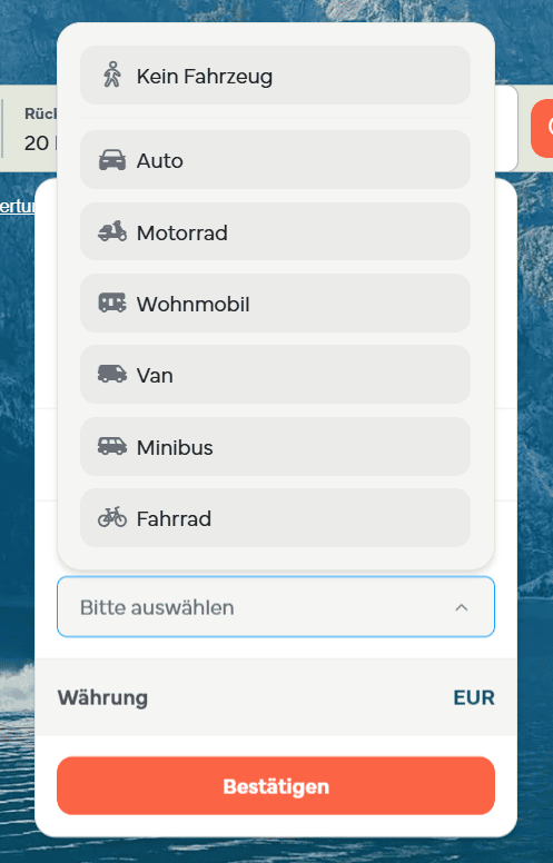 Die Auswahl des Fahrzeugtyps mit Kein Fahrzeug, Auto, Motorrad, Wohnmobil, Van, Minibus und Fahrrad
