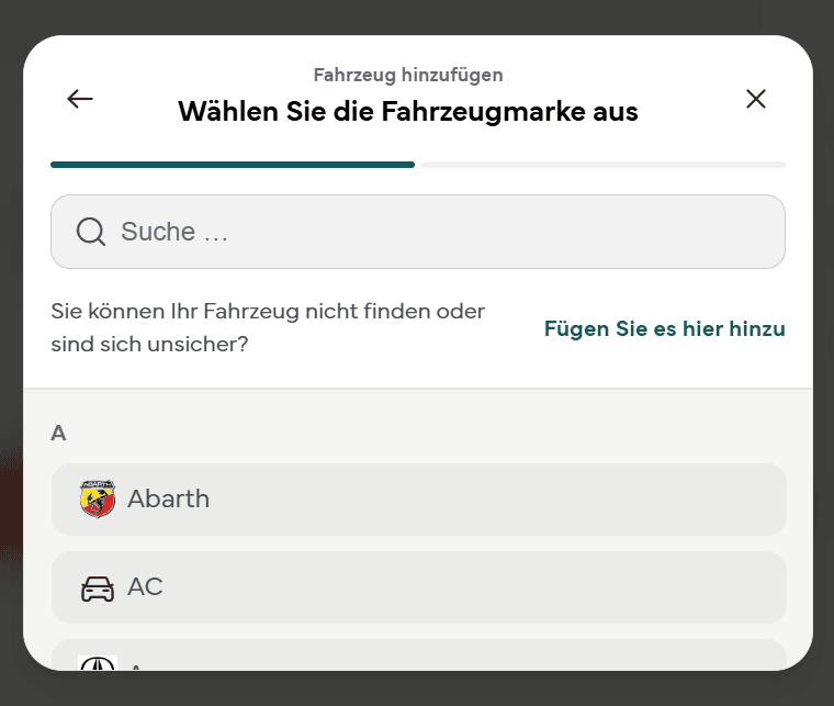 Die Auswahl der Fahrzeugmarke mit Suchfeld und alphabetischer Liste